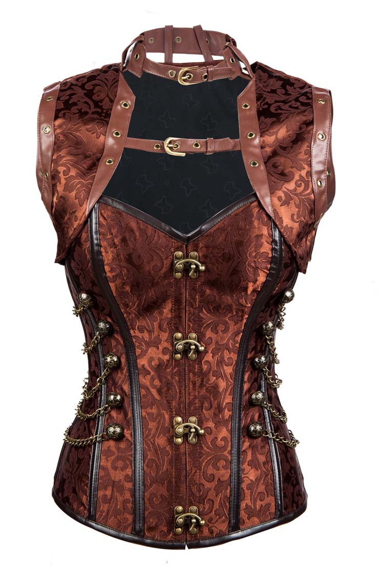 Steampunk Sexy Brown Jacquard Steel Boned High Neck Corset With Jacket