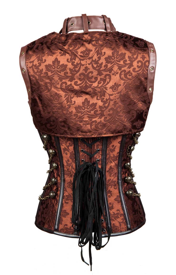 Steampunk Sexy Brown Jacquard Steel Boned High Neck Corset With Jacket N10844