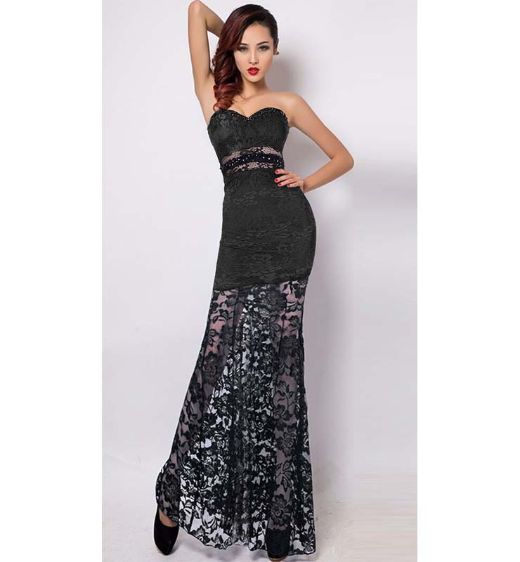 Elegant Black Strapless Lace Long Dress N11113 4259