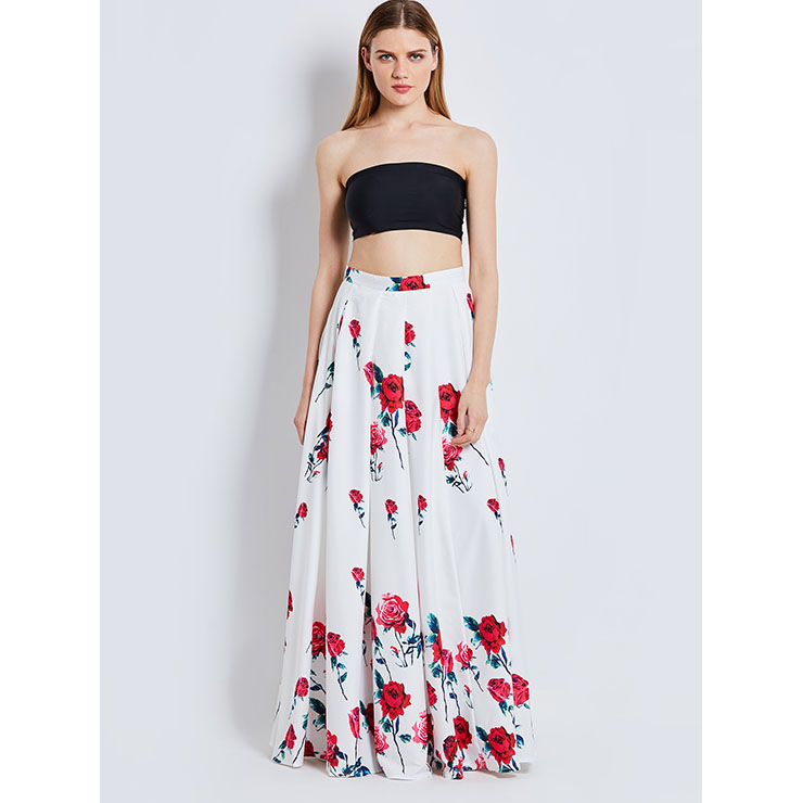 Fashion Women S High Waist A Line Rose Print Maxi Skirt N15790