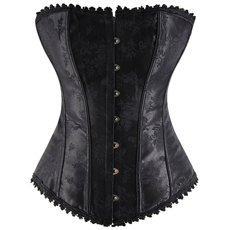 Noble Black Satin Flower Print Lace Trim Overbust Corset N10006