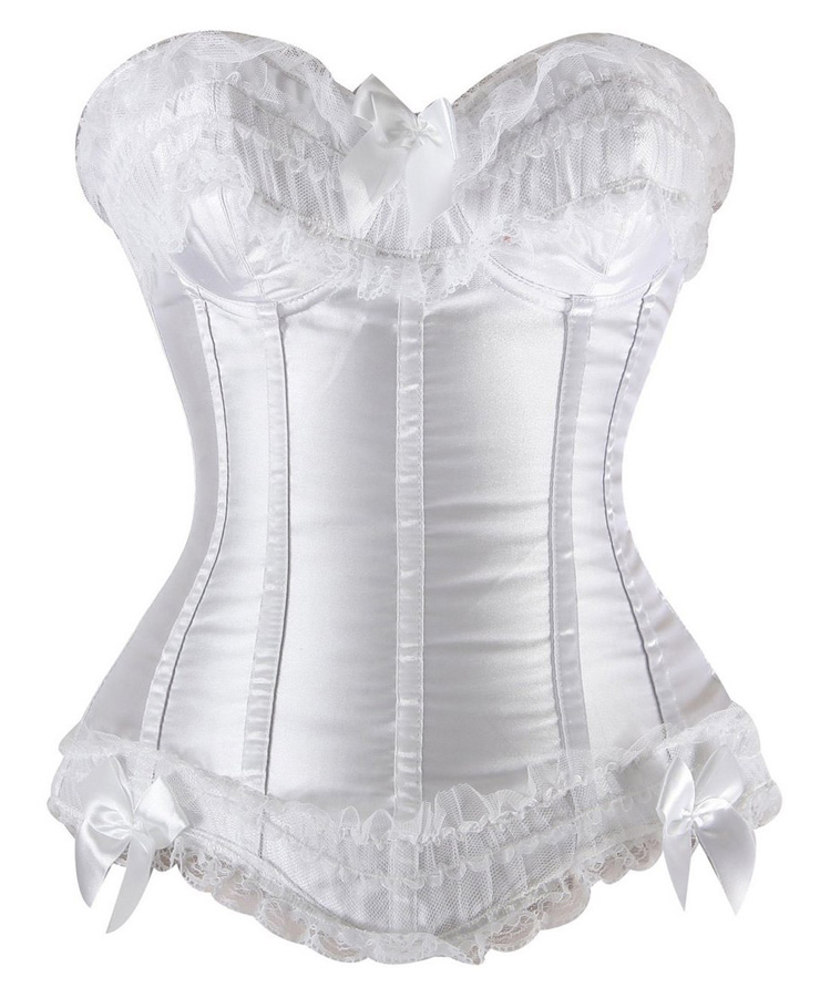 Noble White Satin Lace Bows Trim Overbust Corset N10315