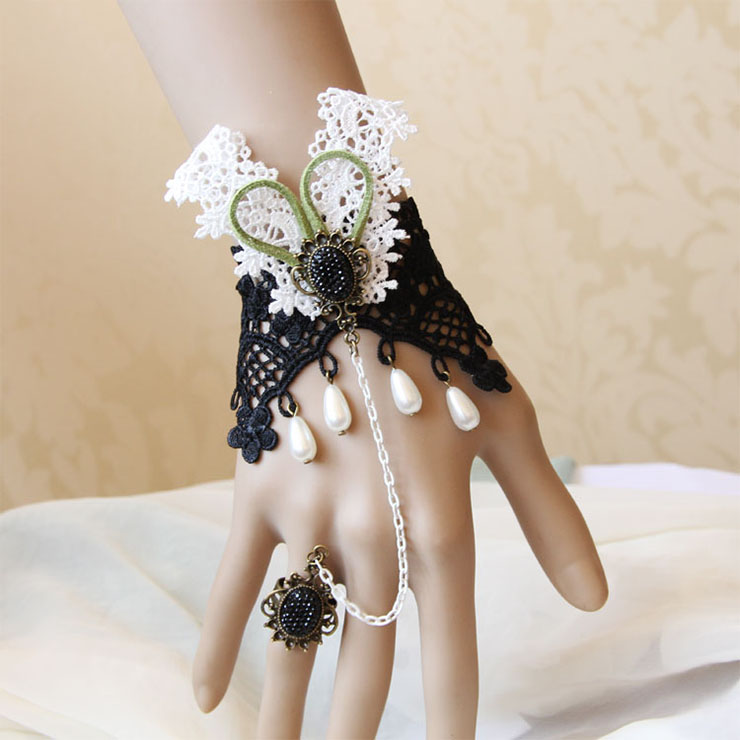 Retro Gothic Black Lace Wristband Gem Embellishment Bracelet With Ring