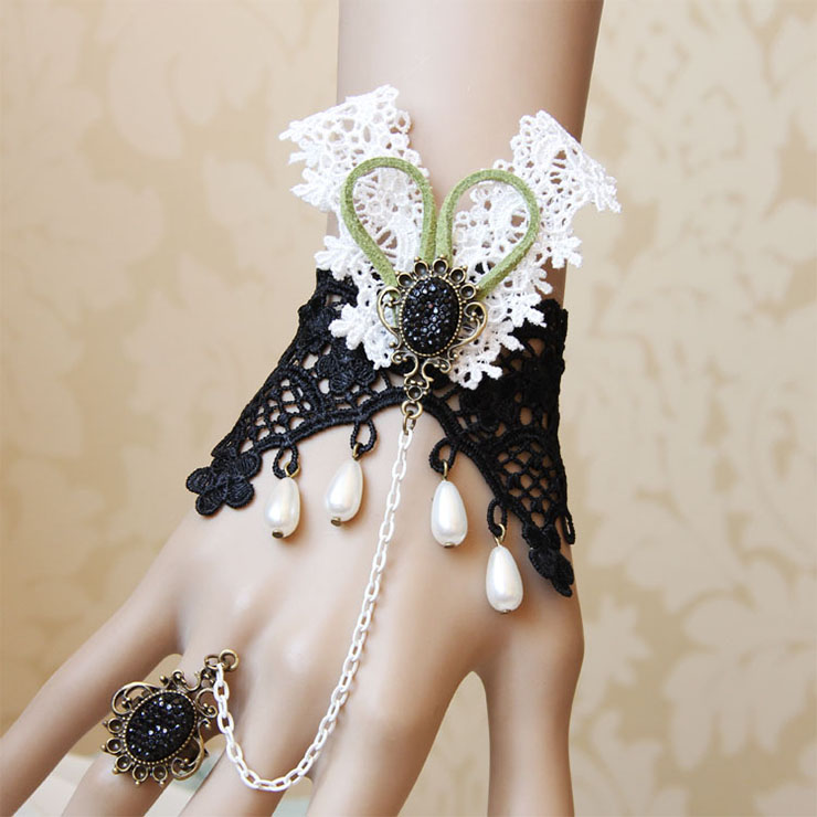 Retro Gothic Black Lace Wristband Gem Embellishment Bracelet With Ring