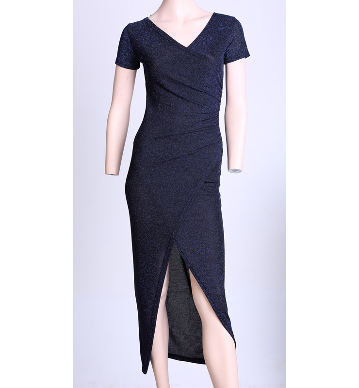 Sexy Dark-Blue Split-front Short Sleeves Bodycon Dress N11045