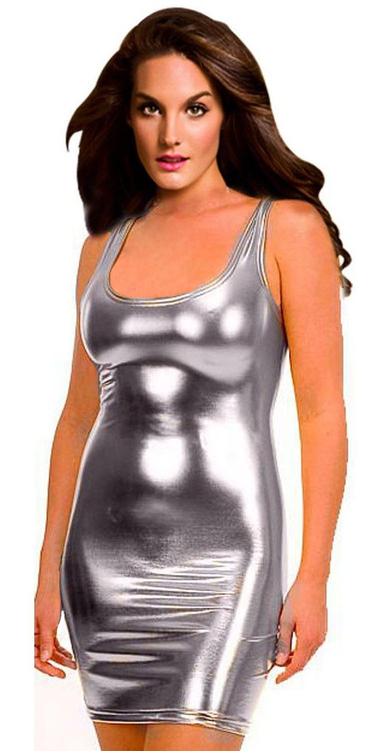 Silver Sleeveless Wetlook Mini Dress N8517