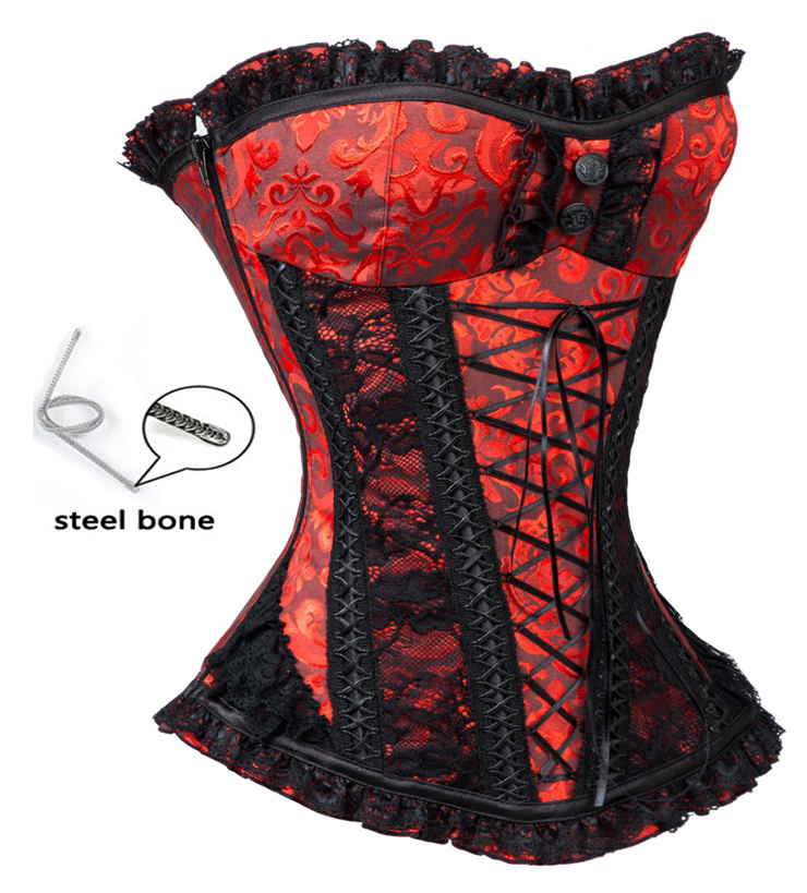 Fashion Steel Boned Red Jacquard Lace Trim Overbust Corset N10638