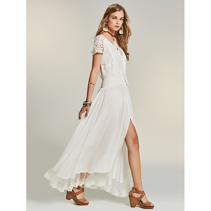 Women S Elegant White V Neck Short Sleeve Split Maxi Dress N14525