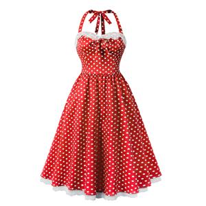 Women Vintage 1950s Retro Polka Dot Swing Dress Sleeveless Backless Halter Neck N23658