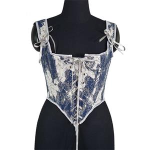 Vintage Renaissance Denim Floral Cropped Lace-up Corset N23625