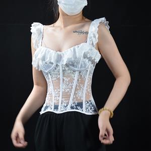 Lace camisole breathable mesh see-through fishbone corset N23635