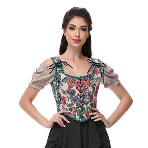 Women Vintage Floral Camisole Flower Embroidery Pattern Tight Vest Drawstring Tie-up Tank Top Suspender Corset  N23653