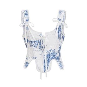 Retro blue and white porcelain tight top, front and back strapped short top, irregular short top,#N23592