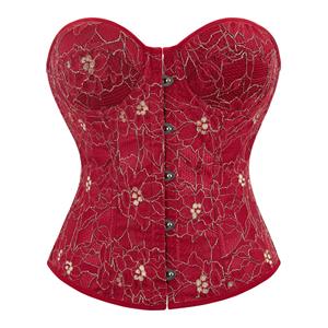 Red Embroidered Strapless Palace Corset with Cup Waist Cinch and Bust Support N23644