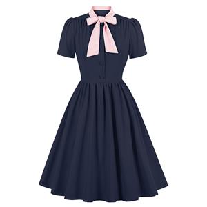 Vintage Tie Collar Front Button Short Sleeve Solid Color High Waist Cocktail Party Midi Dress N23557