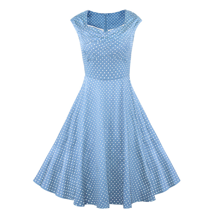 1950's Vintage Blue Cotton Polka Dot Party Cocktail Swing Tea Dress N11070