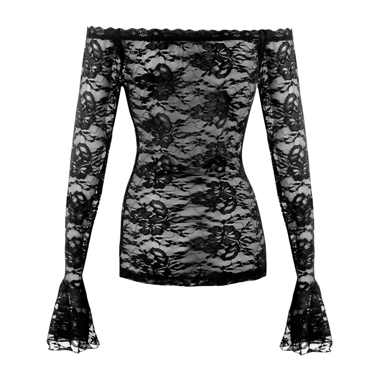 Elegant Sexy Black Long Sleeve See-through Lace Casual Pullover Tops N17021