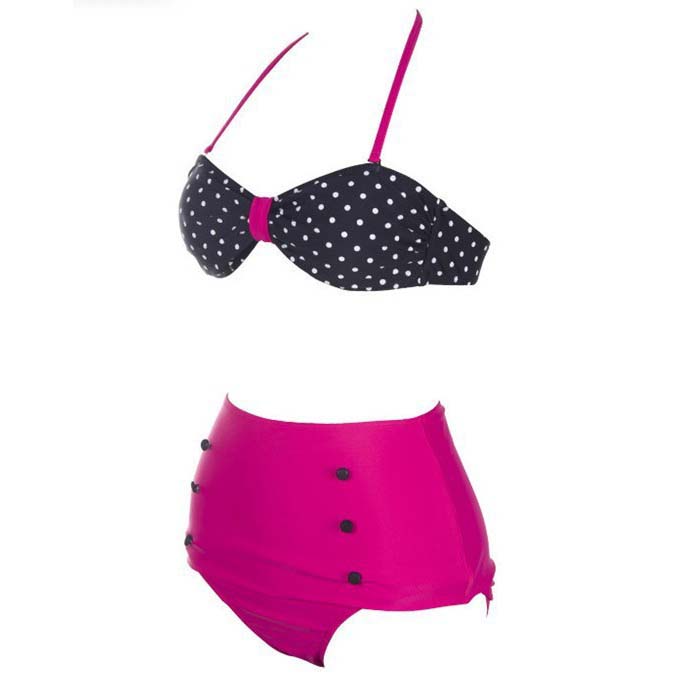 Fashion Black and Hot-Pink Halter Stripe High Waist Bikini Set BK10727