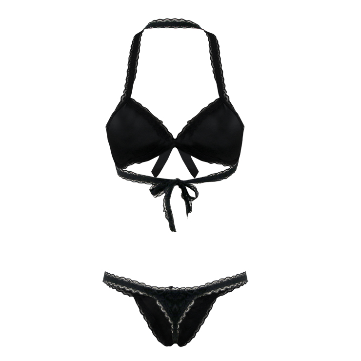 Sexy Halter Black Satin Padded Bra and Panties Lace Trim Lingerie Set ...