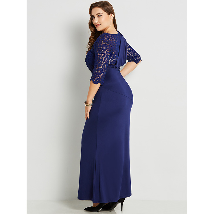 Women's Blue Wrap V Neck 3/4 Sleeve Lace Patchwork Plus Size Maxi Dress ...