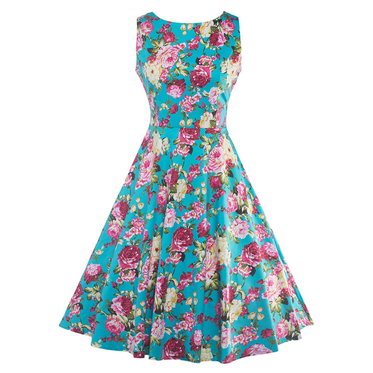 Women's Casual Sleeveless Round Neck Floral Print A-Line Midi Day Dress ...