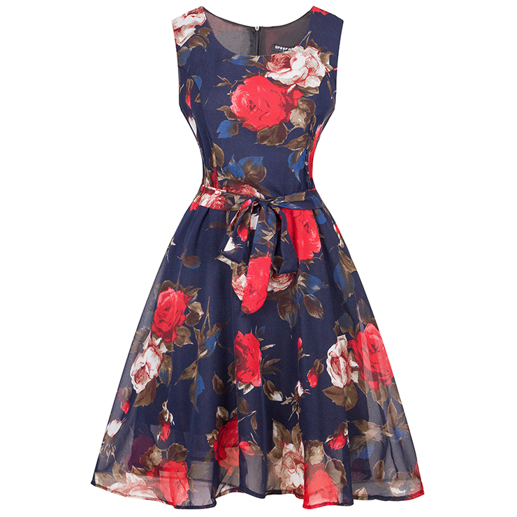 Chiffon Vintage Valentines Sleeveless Bleted Rose Print Dress N12487