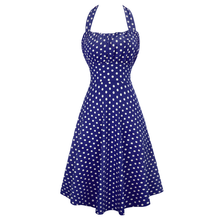 Sexy 1950's Vintage Halter Polka Dot Print Casual Swing Dress N11502