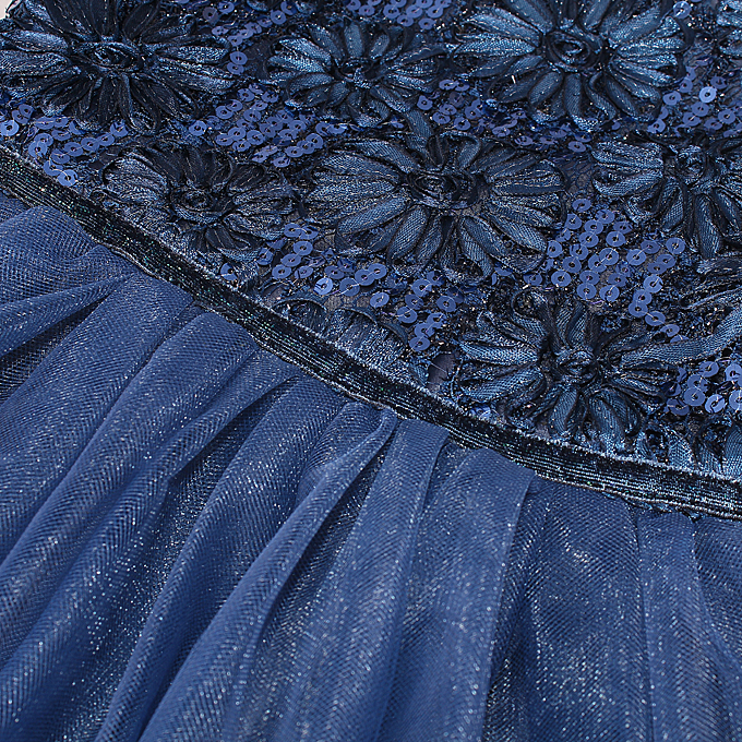 Dark-blue Satin Sequin Organza Chrysanthemum Pattern Princess Dress N9593