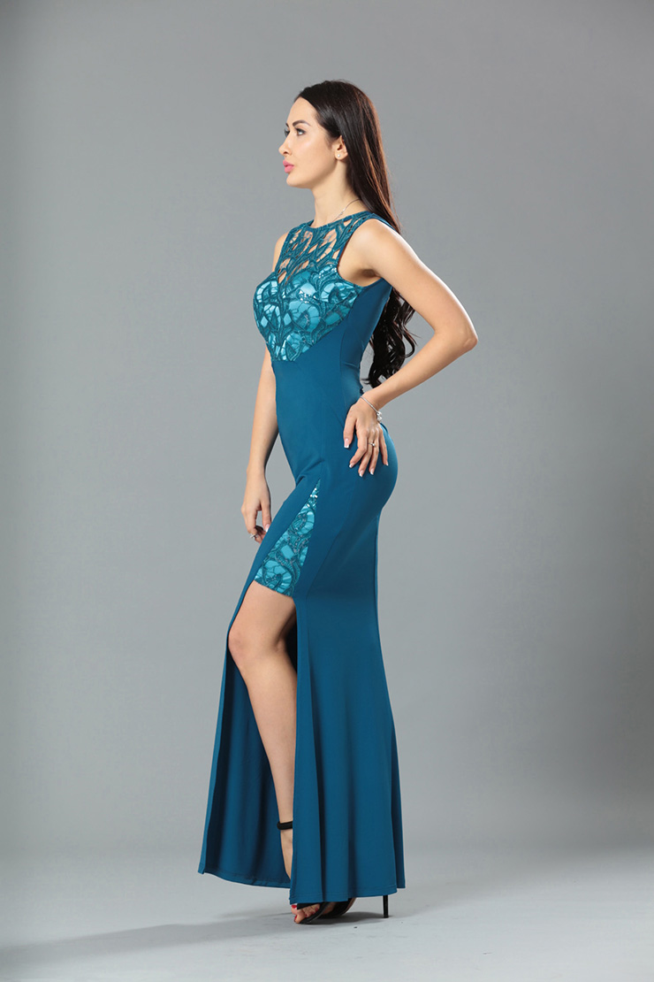 Elegant Blue Lace High Split Evening Party Gown N12649