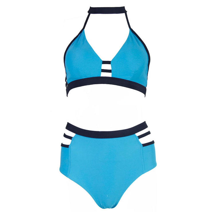 Fashion Blue Halter Neck High Waist Cut Out Bikini Swimsuit BK9754