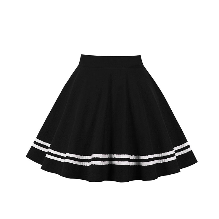 Fashion Black Navy Style Striped Trim Cotton High Waist A-line Mini ...