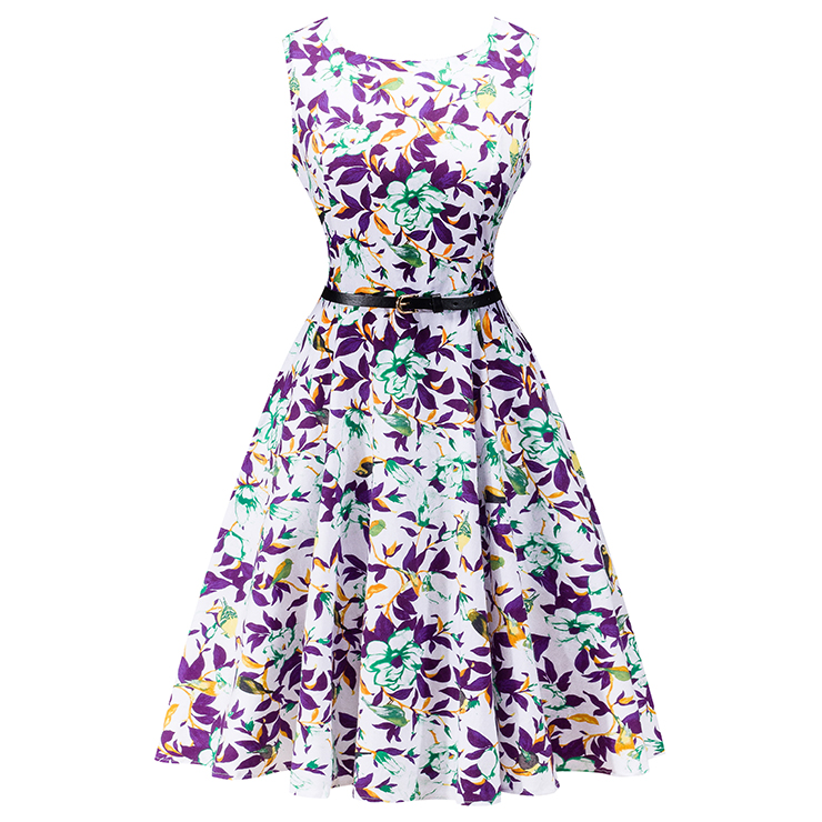 1950's Vintage Floral Print Sleeveless Cocktail Party Swing Dress with ...