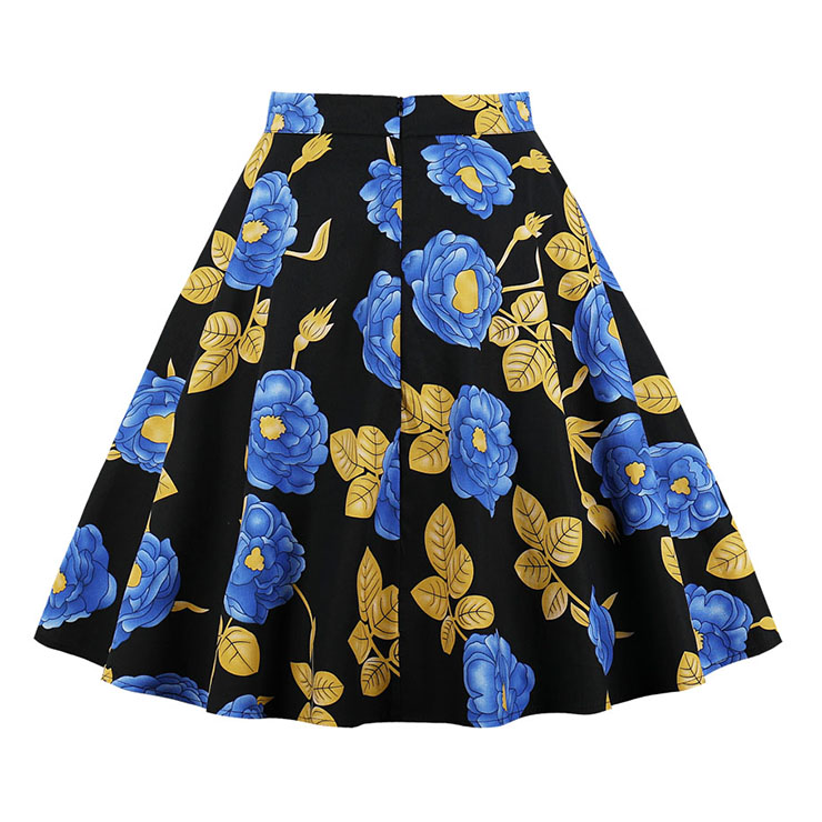 Vintage Casual Black Floral Print High Waist Flared Midi A-Line Skirt ...