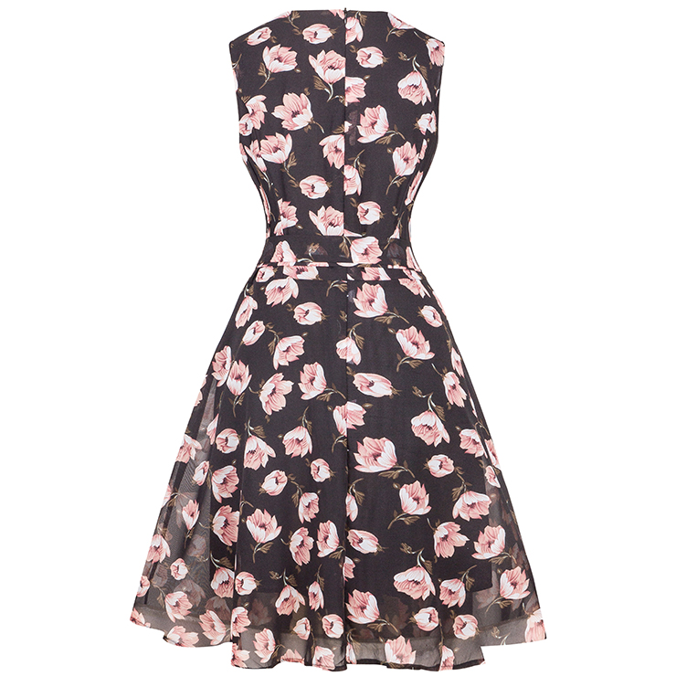 Graceful 1950's Vintage Chiffon Sleeveless Bleted Floral Print Dress N12488