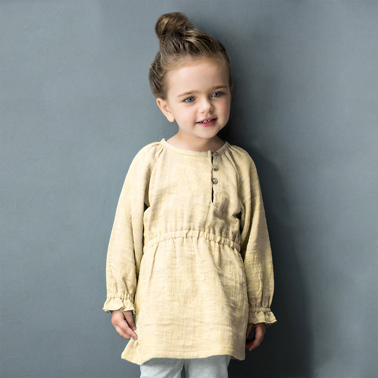 Girls Round Neck Long Sleeve Vintage Plain Button Cotton Linen Dress N12191