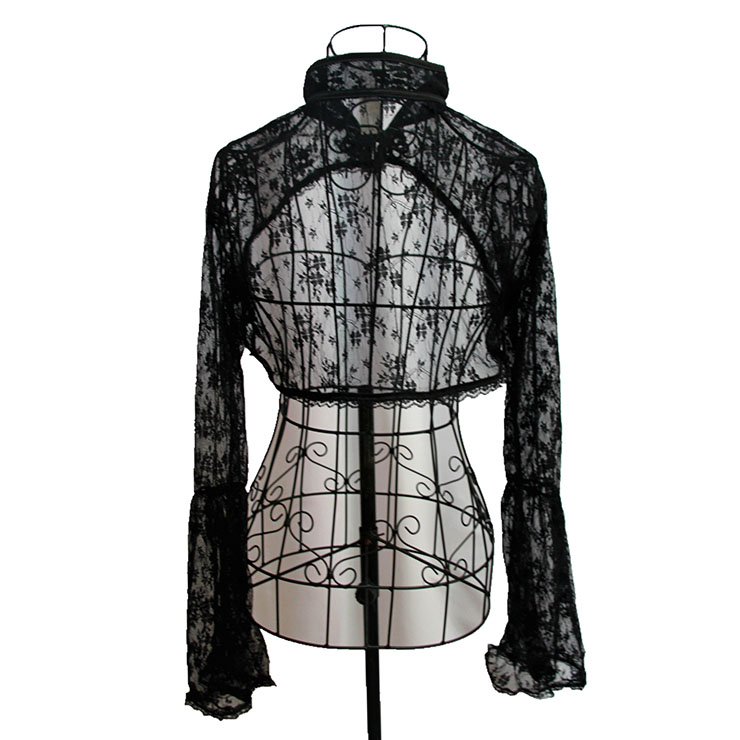 Victorian Gothic Black Sheer Lace Stand Collar Flared Sleeve Blouse ...