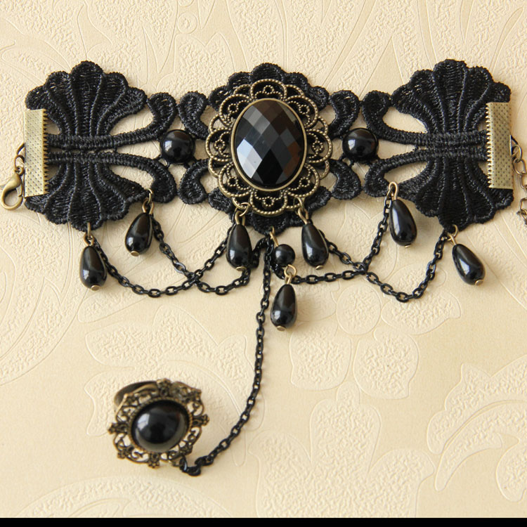 Gothic Black Lace Wristbannd Exaggerated Gem Embellished Bracelet with ...