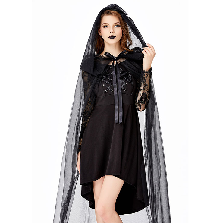 Gothic Black Vampire High-low Dress and Mesh Long Cloak Adult Ghost ...