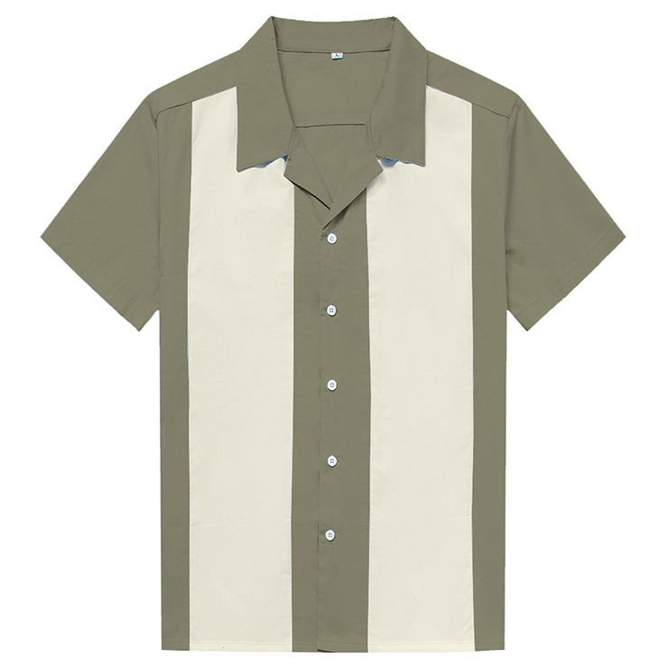 Green Male Patchwork Beer Shirt Casual Fifties Bowling Shirt N16686