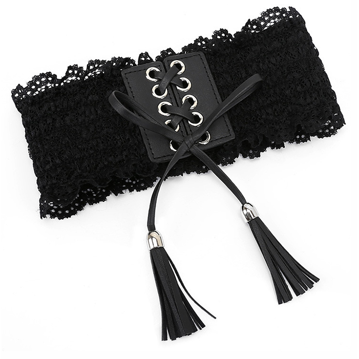 Fashion Black Faux Leather Floral Lace Lace-up Elastic Wide Waist Belt ...