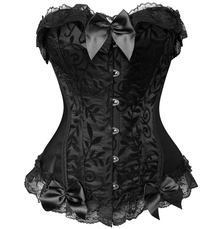 Leaves & Black Lace Trim Satin Corset N8388