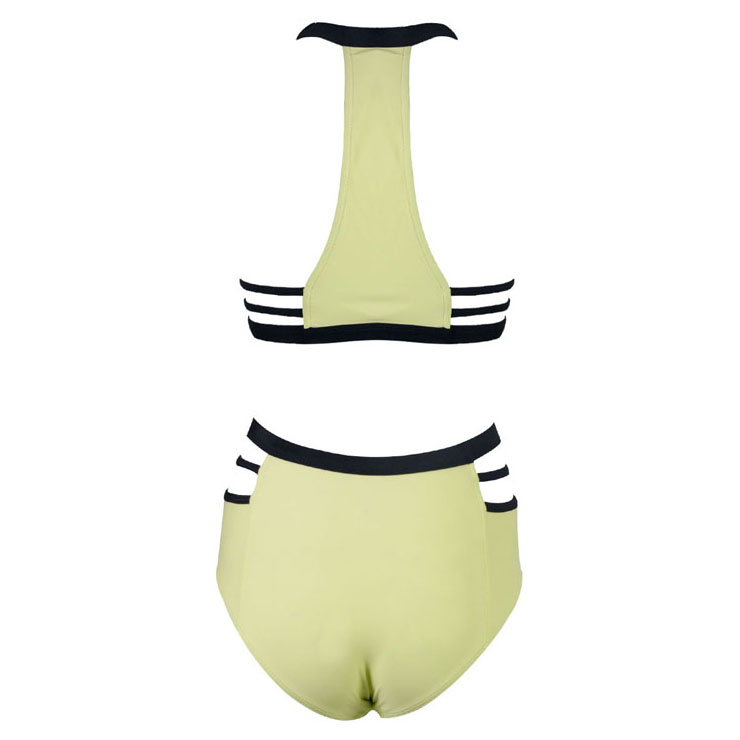 Fashion Light-Yellow Halter Neck High Waist Cut Out Bikini Swimsuit BK9755