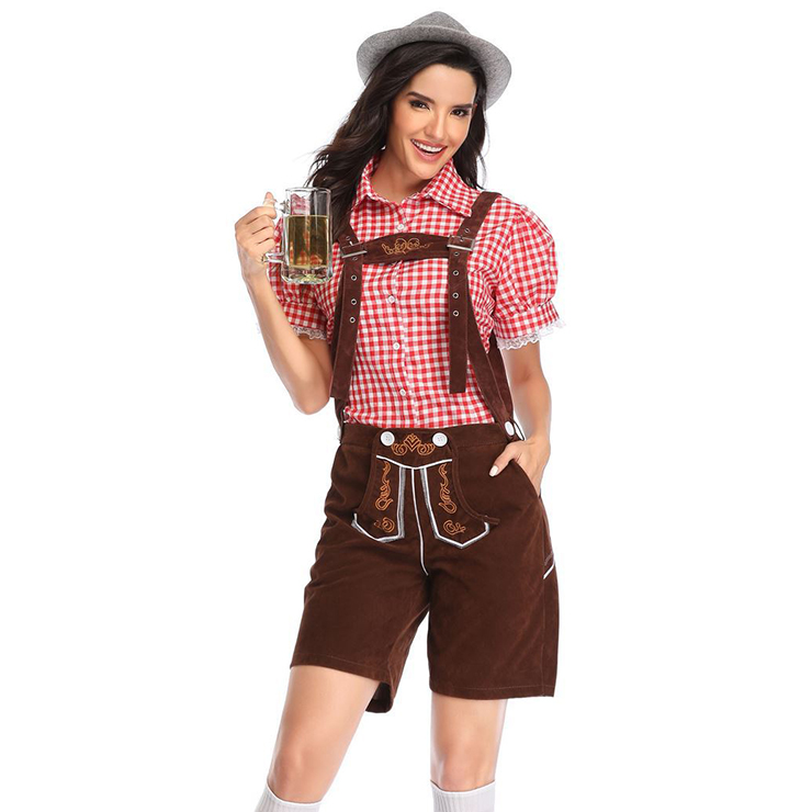 Women S Bavarian Beer Girl Suspenders And Gingham Shirt Oktoberfest Lederhosen Costume N19874