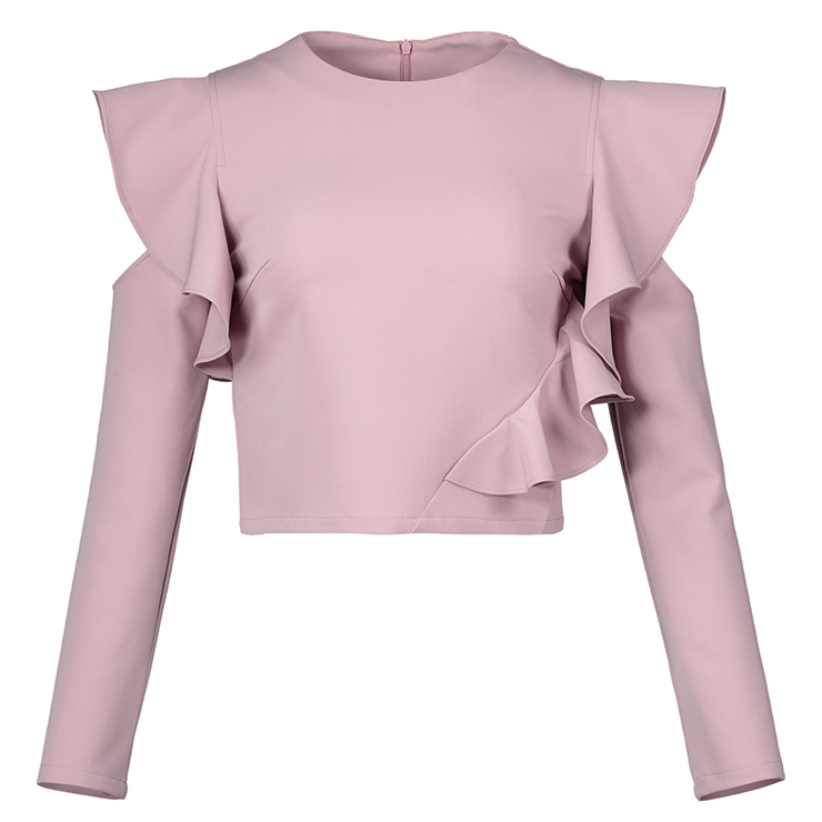 Women's Pink Round Neck Long Sleeve Cut Out Falbala Blouse N15563