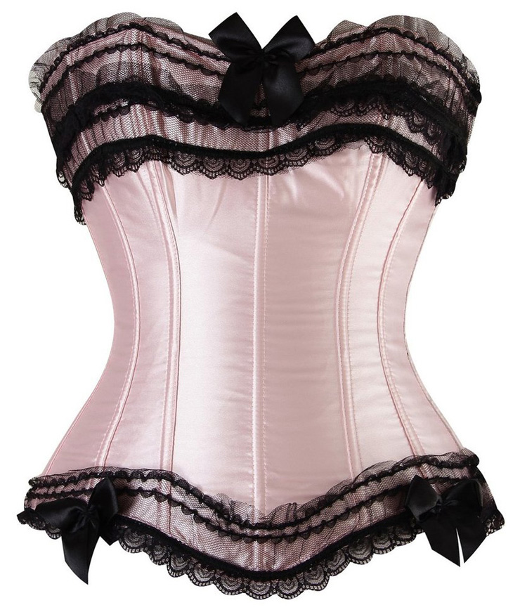 Sexy Pink Satin Strapless Lace Trim Overbust Corset N2267