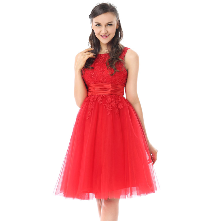 Elegant Red Bateau Sleeveless Mesh Lace Applique Knee-Length Prom ...