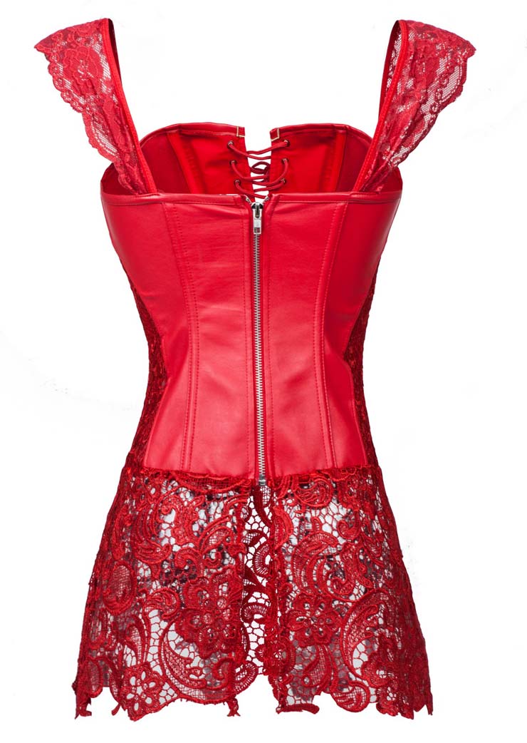 Steampunk Sexy Red Faux Leather Long Lace Embellished Corset with Lace ...