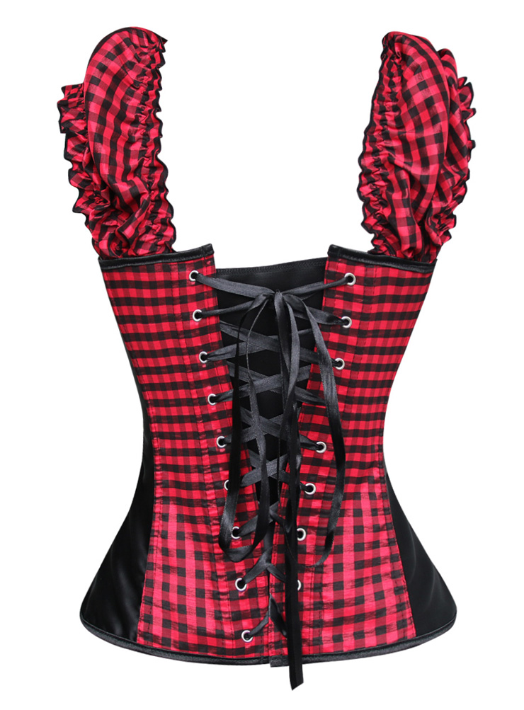 Gothic Sexy Red and Black Ruffle Straps Plaid Pattern Lace-up Corset N10089