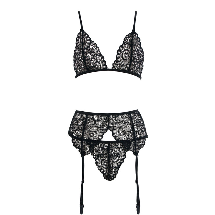 Sexy Black Floral Lace Bra Top and Panty Bikini Lingerie Set with ...