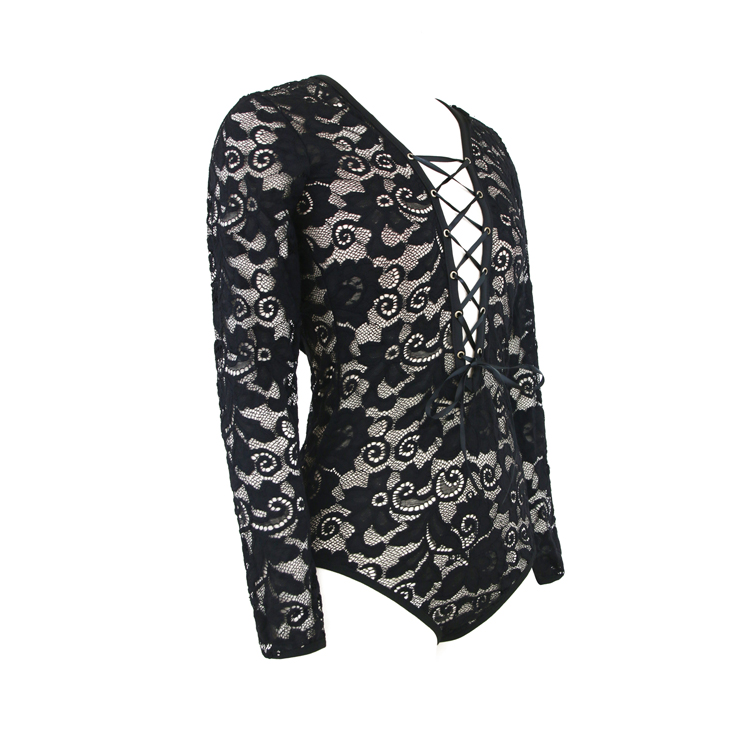 Sexy Charming Black Floral Lace Long Sleeve Bodysuit N15415